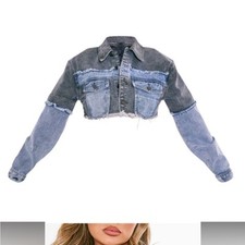 PrettyLittleThing Cropped Denim Jacket Gray Blue Frayed Hem Women  s Size 4