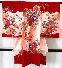 Japanese Vintage Kimono Polyester Red Small Traditional Authentic Length 37 in