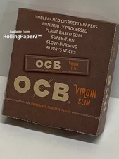 FULL BOX of OCB King Size Virgin Slim Unbleached Super Thin Rolling Papers 24 pk