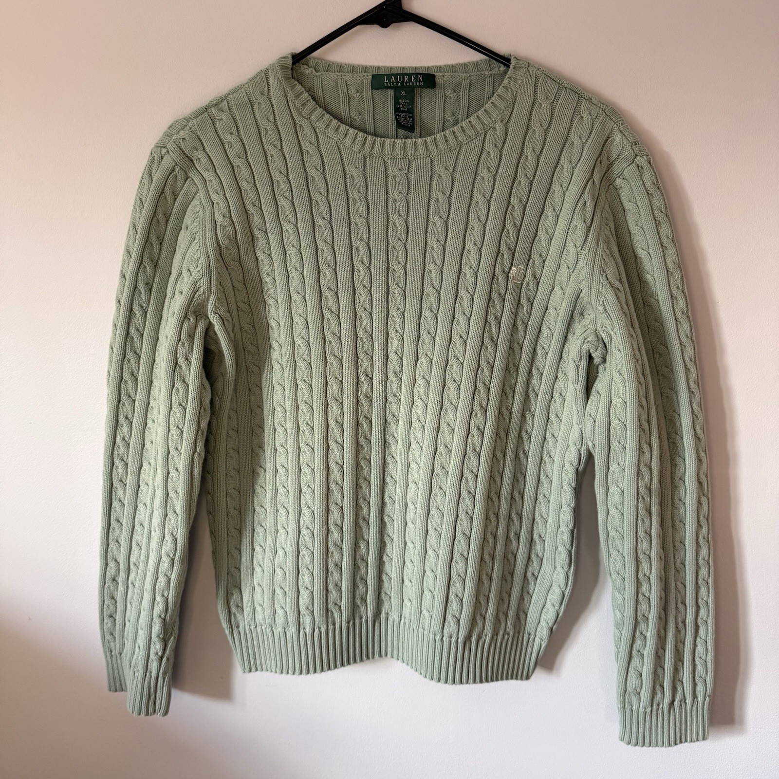 Lauren Ralph Lauren Sweater Women’s XL Green Cable Knit Cotton Crewneck Pullover