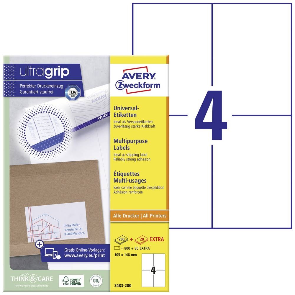 Étiquettes universelles Avery 3483-200 105x148 imprimante laser jet d'encre
