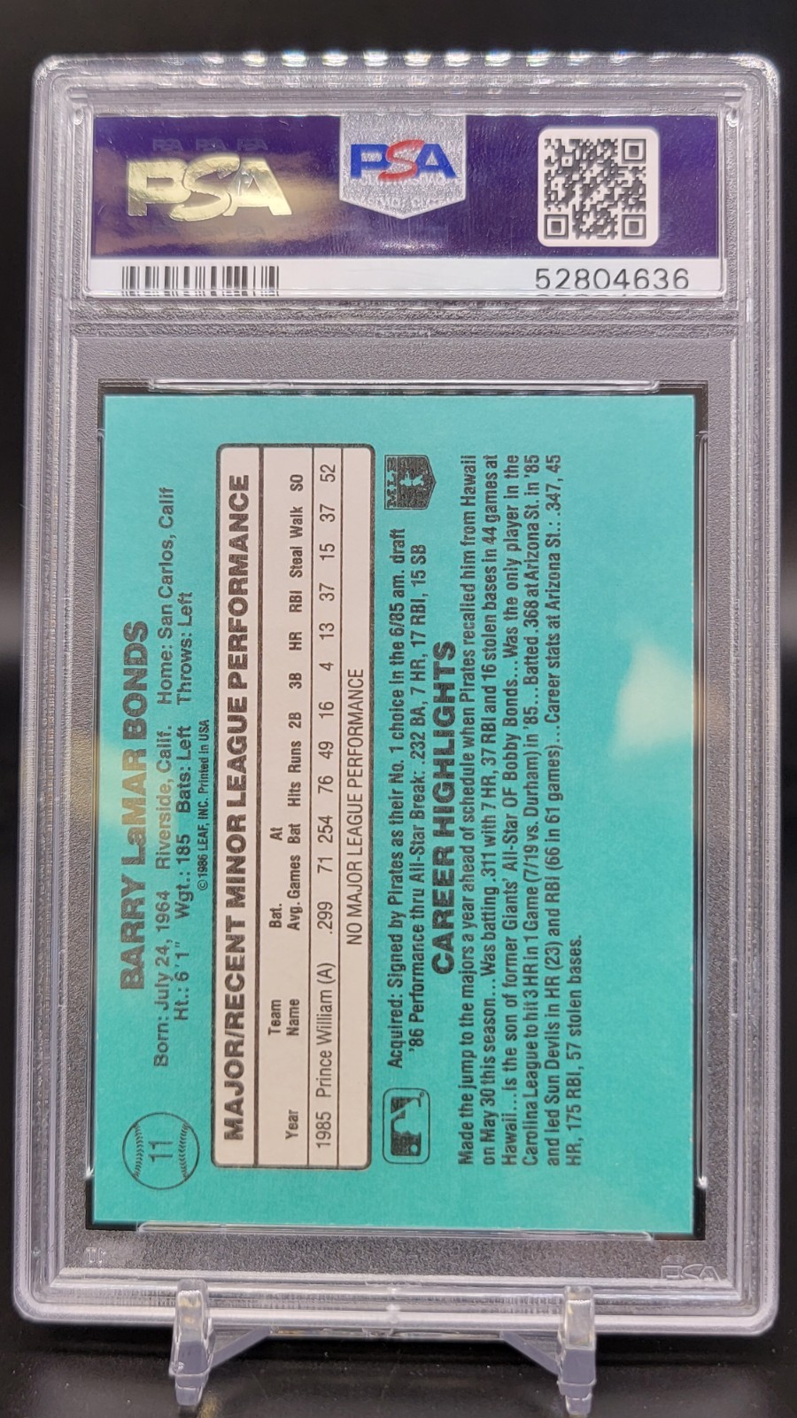 1986 Donruss Rookies Barry Bonds Pirates 11 PSA 8 view 2