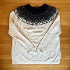 Talbots Women's Petite M Fair Isle Beaded Wool Blend Sweater Classic Beige Black