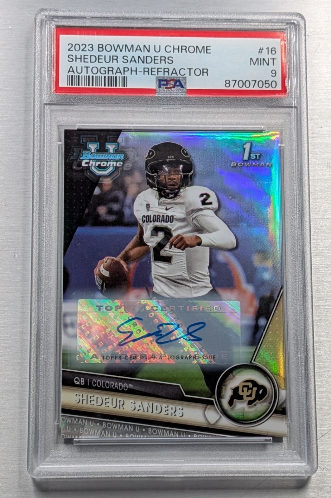 2023 Bowman University Chrome 1st Shedeur Sanders RC Auto Refractor /499 PSA 9