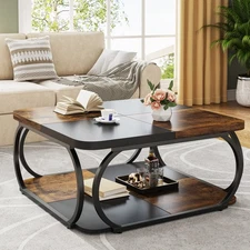 Square Coffee Table with 2 Tiers 40'' Low Farmhouse Coffee Table for Living Room