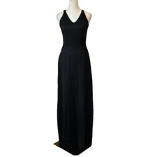 Vintage Black Wool Blend Metallic Double V Neck Tank Maxi Dress Defined Waist S