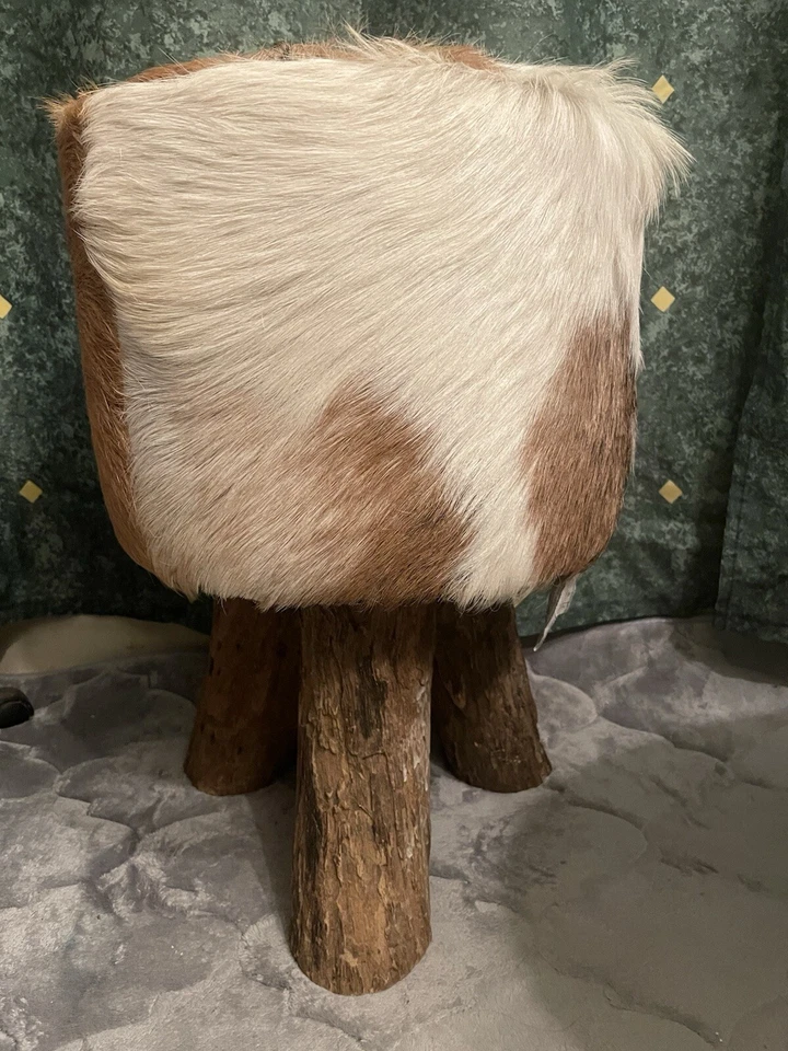 Beautiful Goat Hide Teak Timber Round Stool - Image 2 of 4