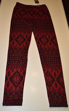 Women's Red Geo Warm Fleece Lining Footless Patterned Leggings Size S-M