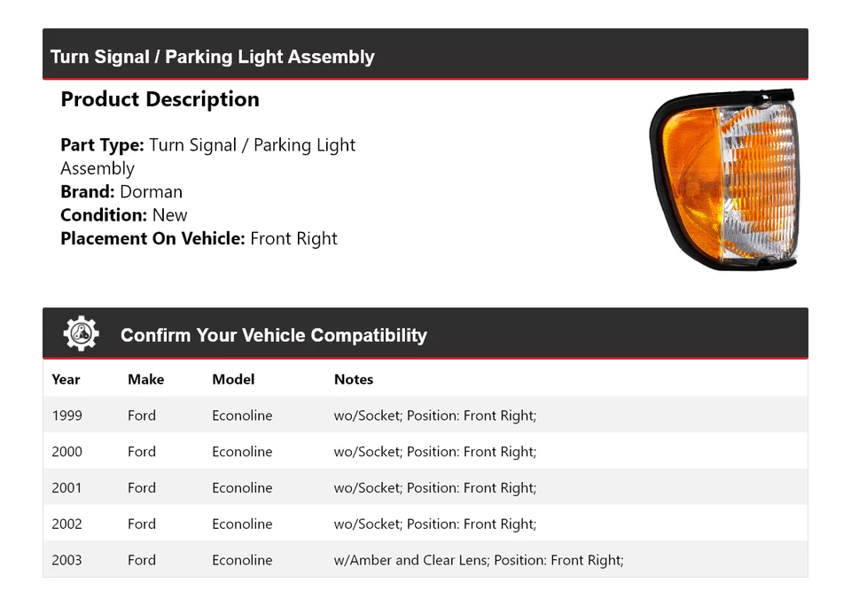 Conjunto de luz de giro/estacionamiento delantera derecha 2000 para Ford Econoline Dorman 1999-2003 Foto 2 de 4