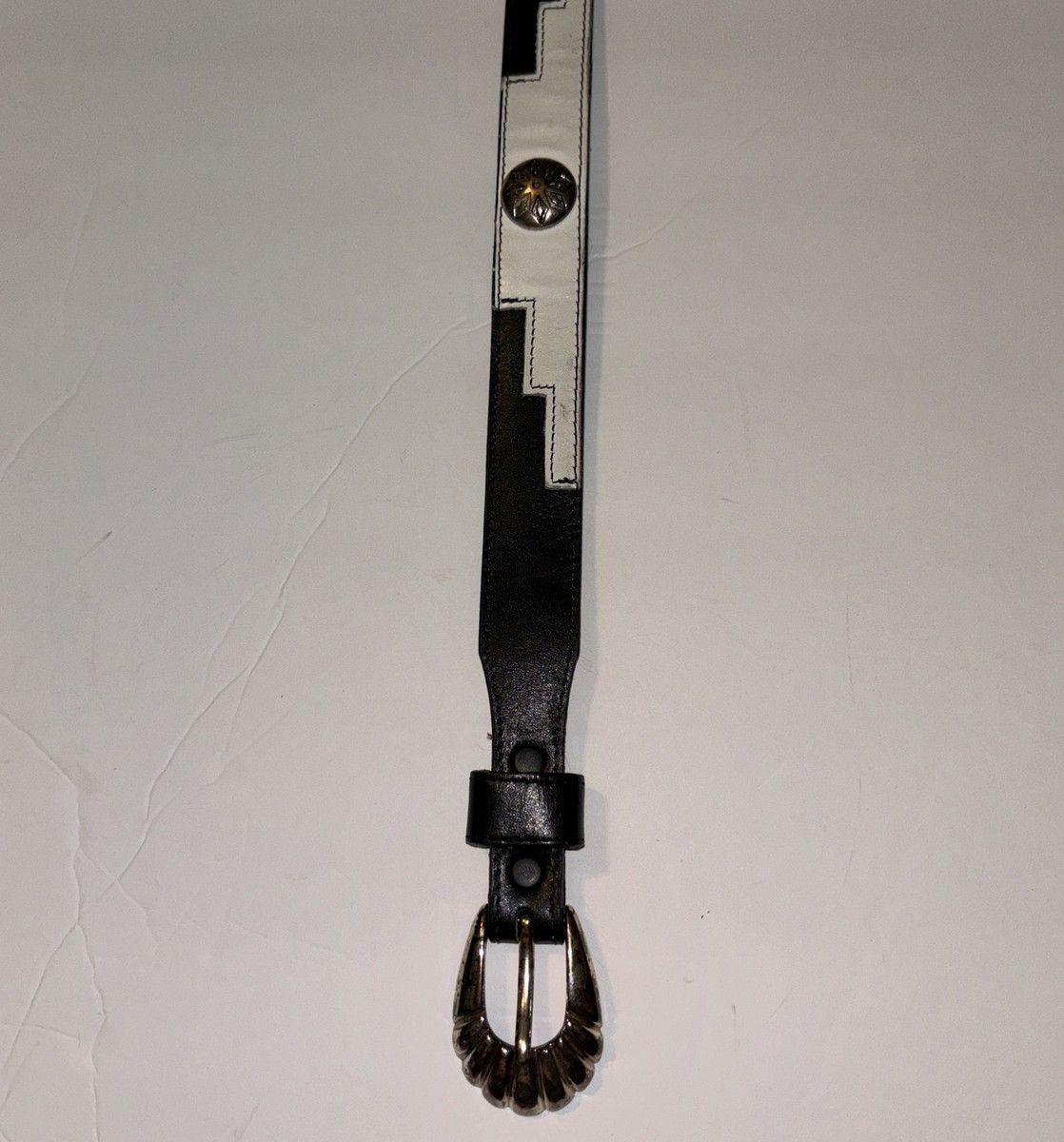 Justin Vintage Black White Leather Belt Aztec Conchos Sz 26 