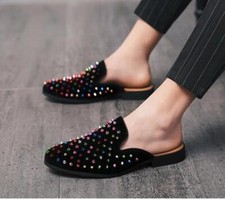 Men's Fashion Rivets Pull On Mules Slipper Casual Boat Loafers Shiny Shoes Party