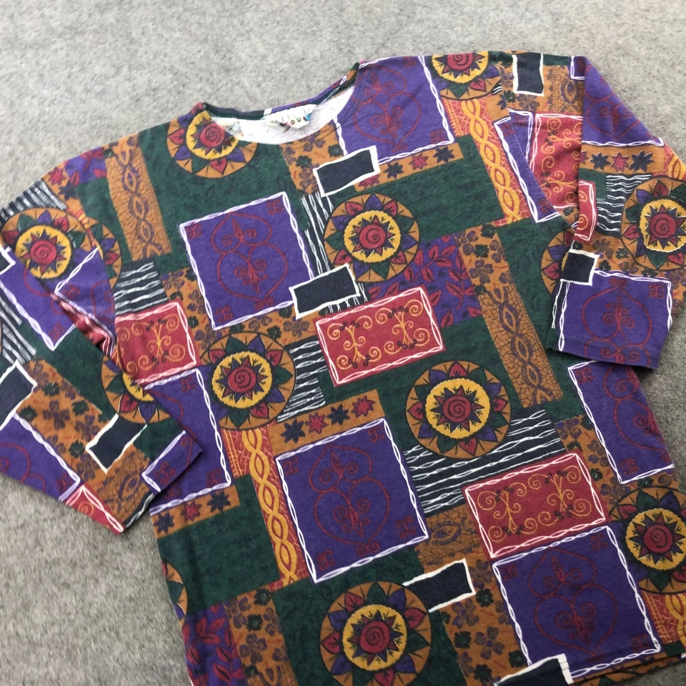 Top vintage Carolina Colores Mujer Grande Azul Geométrico Cuello Redondo Manga Larga Foto 3 de 4