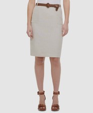  90 Calvin Klein Women's Beige Linen Belted Knee-Length Pencil Skirt Size 2