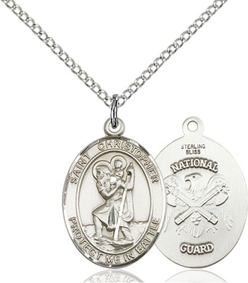 Sterling Silver St Christopher National Guard Medal Pendant Necklace 18'' Chain