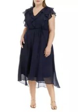 Maison Tara Women's Plus Size 18W Short Sleeve V-Neck Ruffle Chiffon Midi Dress