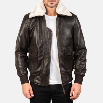 Men's Genuine Lambskin Leather Brown Bomber Jacket White Fur Collar Winter Coat