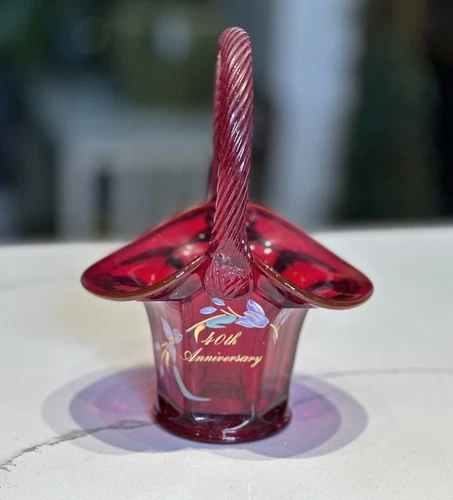 Vintage Fenton Signed D. Wright 40th Ruby Red Glass Basket Cadmium Glows!
