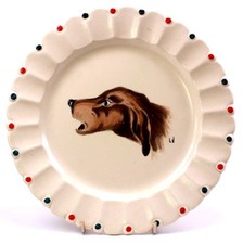 French Longwy Pottery France Enamel Dog Nemrod Hand Painted Plate Signed LV