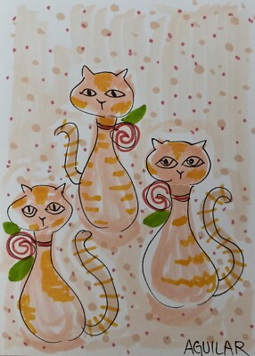 ACEO Mini Art Double Sided Card Original TRIPLE THREAT 2.5  x 3.5  ATC cats