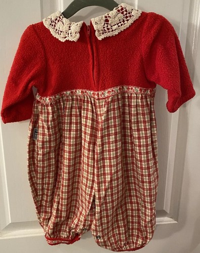Vintage SF Blues Girl’s 6-9 Mo Red Plaid/Sherpa one piece Romper Crochet Trim - Picture 2 of 12