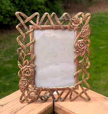 Vintage Ornate Metal Picture Frame Roses Leaves Gold Tone Hollywood Regency 7x5