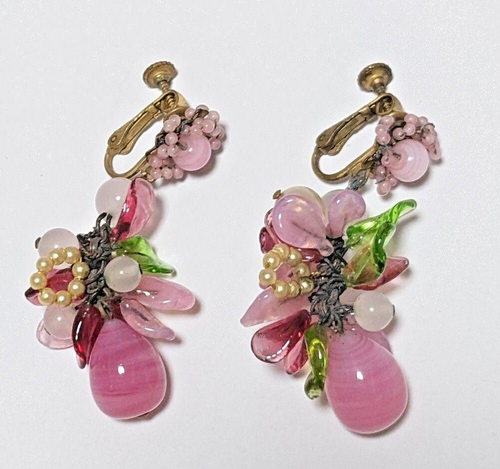MIRIAM HASKELL Earrings Gripoix Pink Floral Glass Cabochon Rhinestone Seed Bead