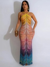 Hot Dye Print Halter Mermaid Long Dresses Women Backless Sleeveless Slim Party