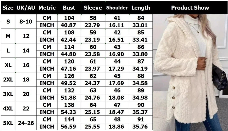 Women Teddy Bear Fleece Fur Fluffy Hooded Coat Jacket Button Cardigan Plus Size - Image 2 of 2