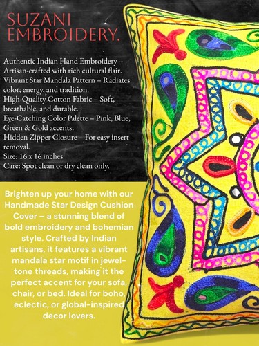 Handmade Indian Cushion Cover Star Design | Embroidered Boho Pillow 16"x16" - Picture 2 of 5
