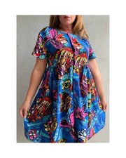 VTG Hilo Hattie Tiered Ruffle Dress Fish Print Blue Rayon Hawaiian Resort Sz M