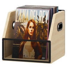 Vinyl Record Storage Metal Wooden Crate Organizer Holds Up To 60 Album Beige
