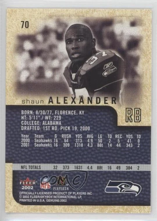 2002 Fleer Genuine Shaun Alexander #70 - Image 2 of 2