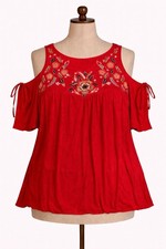 Kelly Renee Women’s 3X Red Embroidered Cold Shoulder Peasant Tunic Top