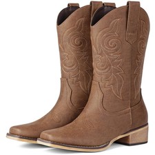 Western Cowboy Boots for Women - Brown Square Toe Mid Calf Cowgirl Boots, Low...