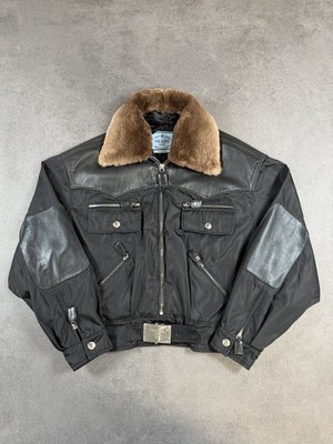 RARE VINTAGE 80S PRADA NYLON LEATHER FUR CROPPED JACKET LEDERJACKE SCHWARZ GR. L