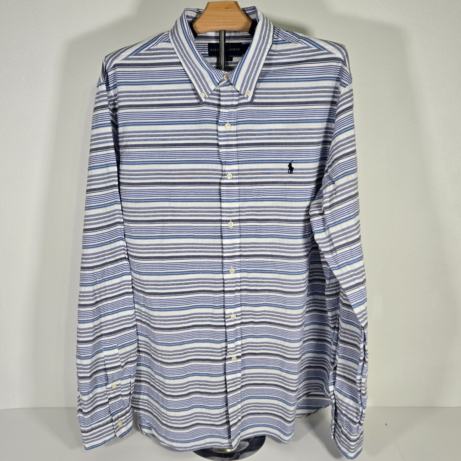 Polo Ralph Lauren camicia uomo XXL blu bianco orizzontale righe bottoni pony