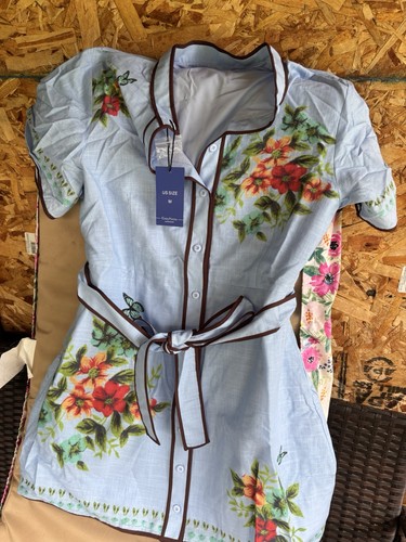 ChouYatou Women's Blue Floral Button-Front Belted Linen Shirt Dress M