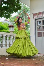 Pure Cotton Parrot Green Lehenga Choli Koti Set Women Navratri Garba Dress