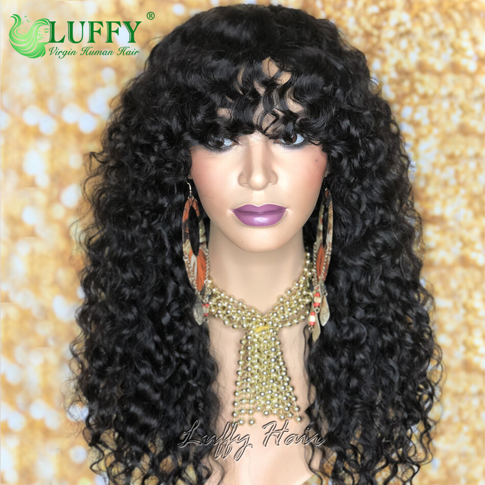 Water Curly Wig Scalp Top Full Machine Made Wigs With Bangs Brazilian