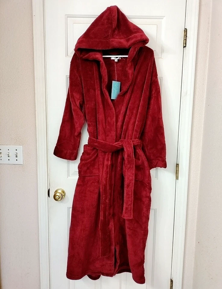 Alexander Del Rossa S/M Men's Maroon Fleece Plush Long Belted Hooded Robe New - Image 3 of 4