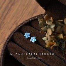 Small Opal Flower Sterling Silver Stud Earrings with Screw Backs, White and Blue