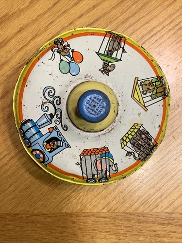 VINTAGE OHIO ART METAL TIN TOY SPINNING CIRCUS ANIMALS TOP No. 304B177