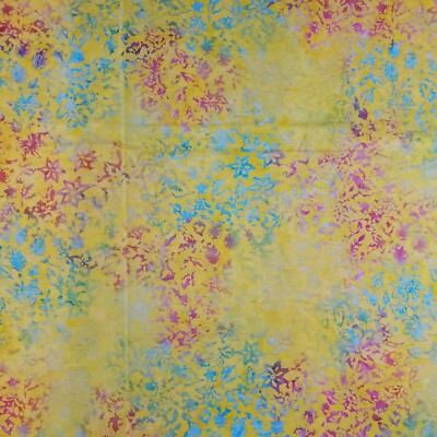 Lemon Yellow Floral Print Batik Quilting Fabric 1 yard Lemonade Pink & Blue