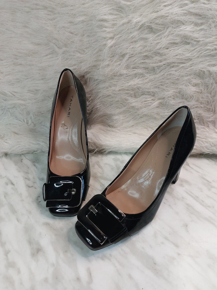 Tahari Graduate Women s Black High Heel Leather Buckle Square Toe