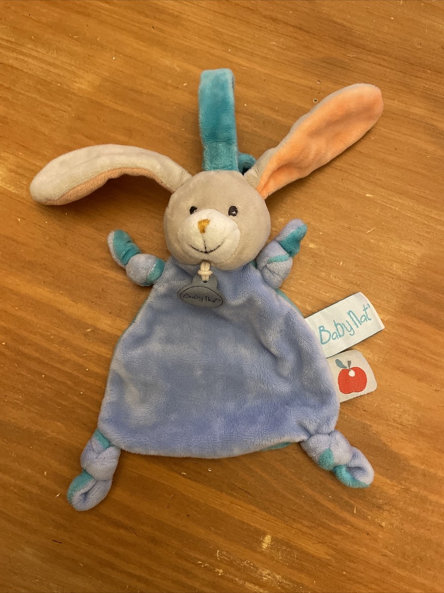 Doudou Babynat Lapin Bleu Orange Pomme Attache Tétine Pom BN0250