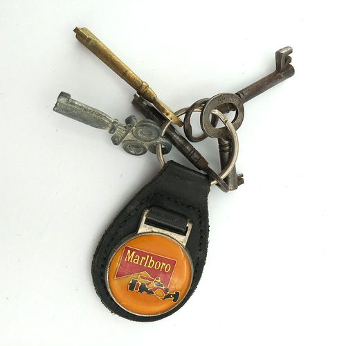 Vintage Marlboro Keychain Formula 1 Car Leather Back with OLD Skeleton Keys