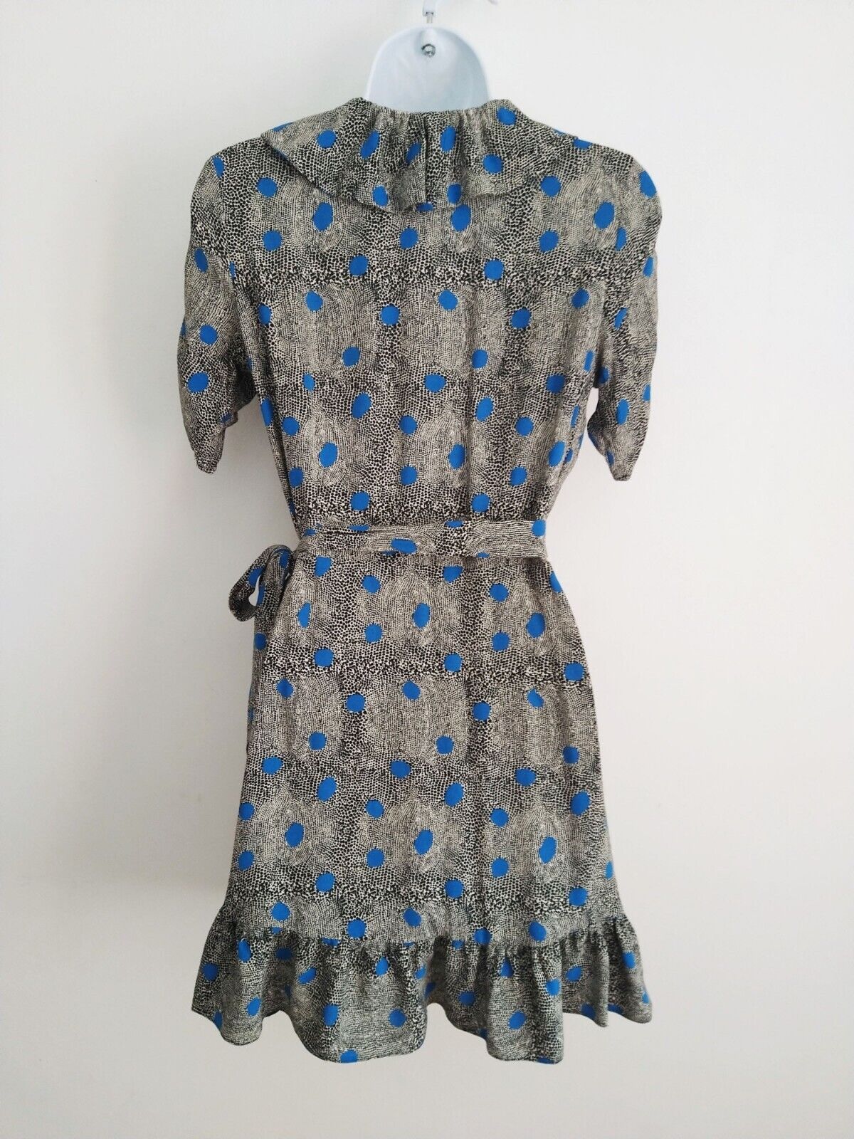 Kate Moss Topshop Wrap Dress 10 Blue Dot Pattern Viscose Mini Ruffles S ...