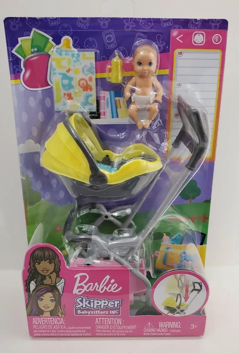 Barbie Skipper Babysitters Yellow Stroller Removable Carrier &amp; Baby Play Set 887961756838 |