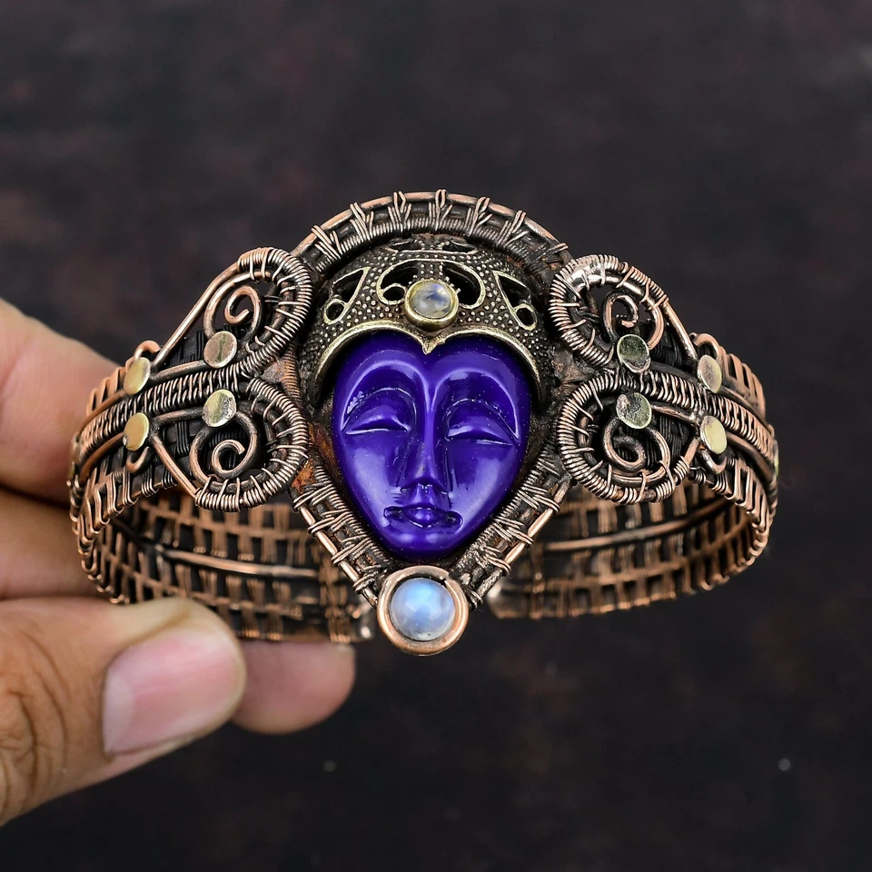 Bracelete de cobre natural roxo esculpido rosto arco-íris pedra da lua fio envolto - Imagem 3 de 4