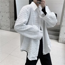 Men Pleated Shirt Baggy Casual Tees Loose Long Sleeve Blouse Tops Summer Thin